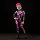Qfdian halloween decorations halloween costumes halloween giftJumpsuit Sexy Skull Scary Costume Adult Kid Mother Daughter Skeleton Cosplay Pink Print Bodysuit