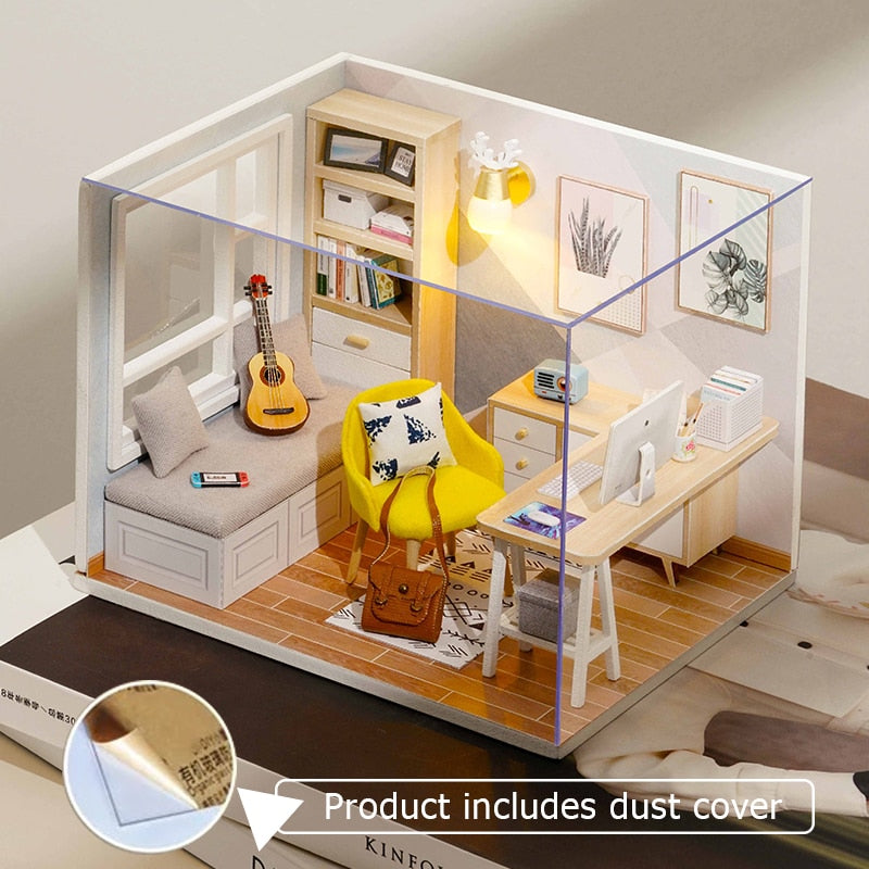 Qfdian Mini Dollhouse kit with Dust Cover Diy Wooden Doll House Miniatures Kit Dollhouse Furniture Accessories Toys for Childre