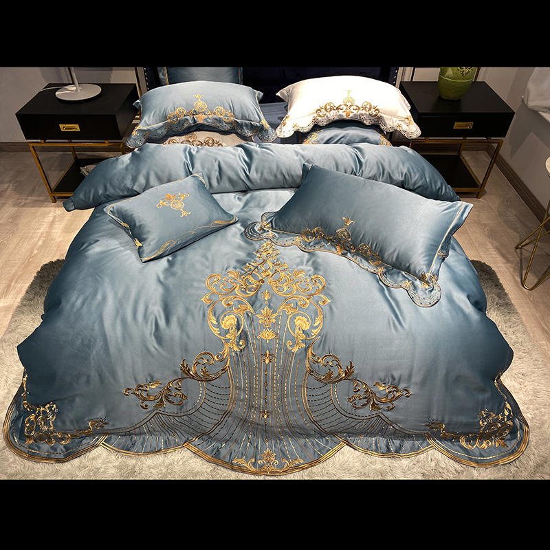 Qfdian Cozy apartment aesthetic hot sale new White Soft Satin Silk Cotton Gold Embroidery European Palace Bedding Set Double Duvet Cover Bed Linen Lace Bed Skirt Pillowcases