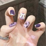 24Pcs false nails with designs cow and Blue Color cut design Fake Nail Shiny Gold Foil  artificial nails with glue for girls