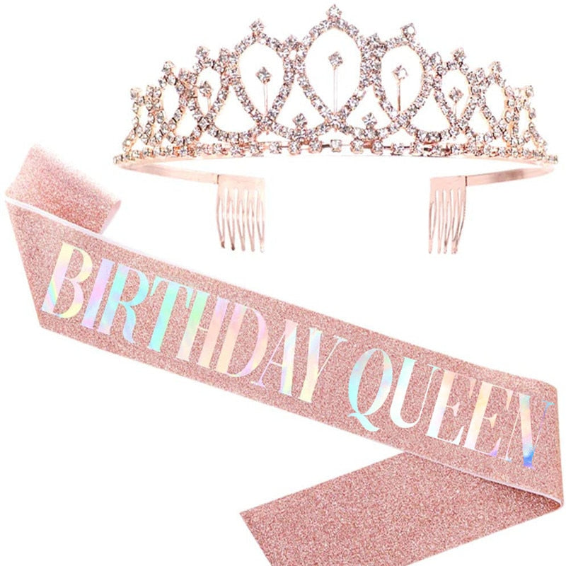 Qfdian Party decoration valentines day 18 30 40 50 60 Happy Birthday Girl Queen Sash Crystal Crown Headband Birthday Party Decoration Adult Anniversary Party Ornaments