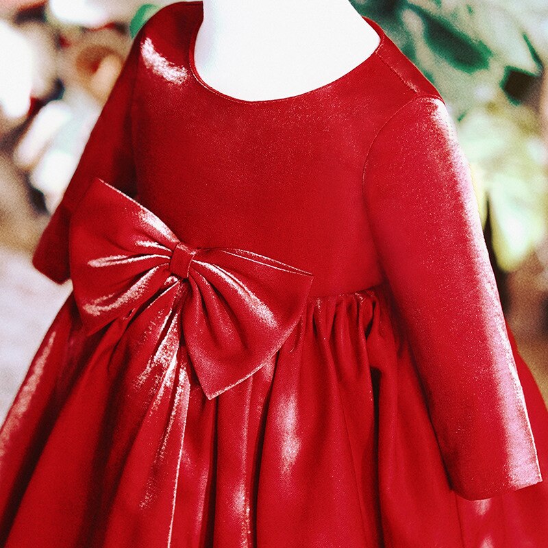 Qfdian christmas decor ideas nightmare before christmas Wine Red Big BowToddler Girl Christening Dress Long Sleeved Baptism Ball Gown Baby Girls Kid Birthday Dress for Wedding Party