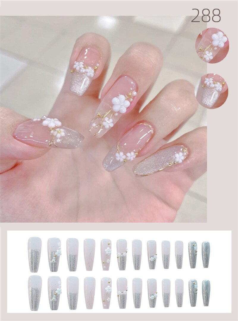 3D Bow Ballet Artificial Diamond Fake Nails Art Aurora Press on Detachable False Nails with Designs Set Love Hreat Nail Tips