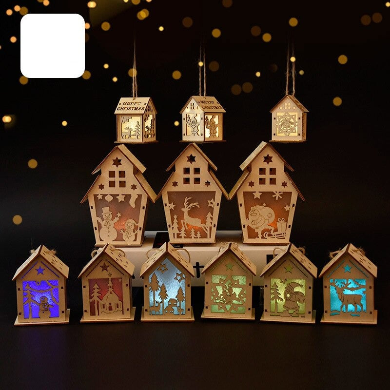 Qfdian halloween decorations halloween costumes halloween gift LED Light Wooden House DIY Merry Christmas Decorations Luminous Cabin Christmas Tree Hanging Xmas Ornaments Kids Gift New Year