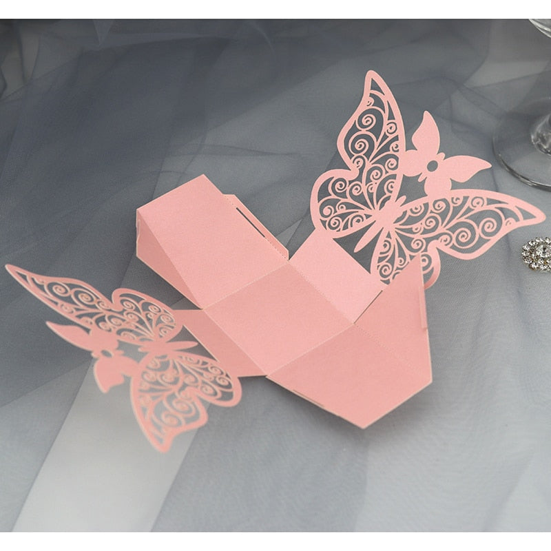 Qfdian 10/50/100pcs Butterfly Laser Cut Hollow Carriage Favors Gifts Box Candy Boxes With Ribbon Baby Shower Wedding Party Supplies