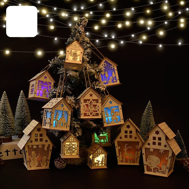 Qfdian halloween decorations halloween costumes halloween gift LED Light Wooden House DIY Merry Christmas Decorations Luminous Cabin Christmas Tree Hanging Xmas Ornaments Kids Gift New Year