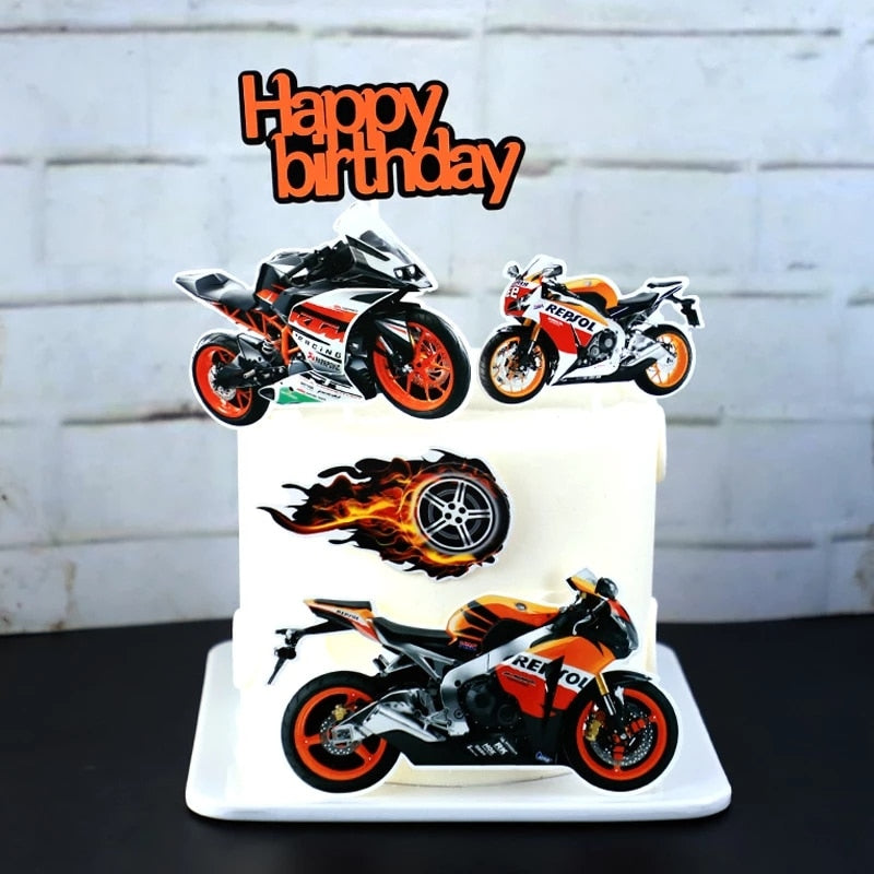 Qfdian New Locomotive Happy Birthday Acrylic Cake Topper Golden Racing Boy Cake Topper for Kids Birthday Party Cake Decoration Supplies