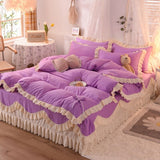 Qfdian Cozy apartment aesthetic hot sale new Lace Bed Skirt 4pcs Bedding Set Luxury Soft Bed Sheet Set Covers Solid Color Princess Style Home Textile Full Queen King Size