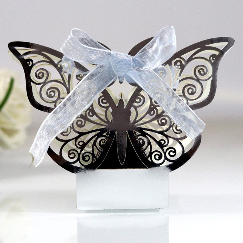 Qfdian 10/50/100pcs Butterfly Laser Cut Hollow Carriage Favors Gifts Box Candy Boxes With Ribbon Baby Shower Wedding Party Supplies