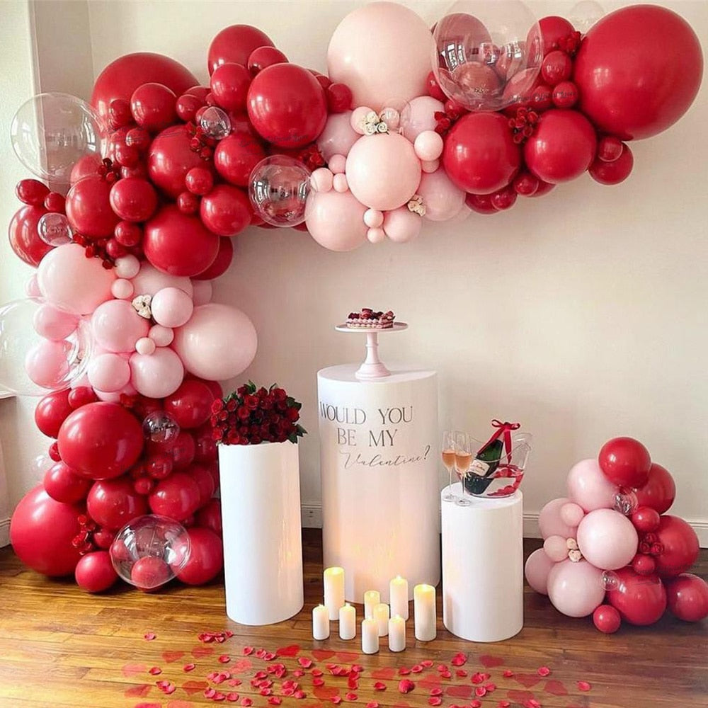 Qfdian wedding decorations hot sale new 177Pcs Matte Pastel Pink Ruby Red Balloon Garland Kit Set Transparent Bubble Globos Valentine Wedding Balloons Home Party Decors