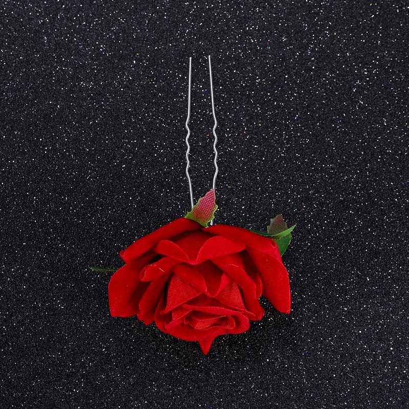 Qfdian gifts for women hot sale new U Shaped Red Rose Flower Hairpins Clips Headpieces Bride Wedding Hair Forks Decor Headdress Handmade Party Hair Accessories