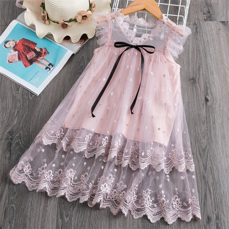 QFDIAN Summer Teens Girl Dresses For Child Floral Short Sleeve Gowns Children Dresses Lace Party Dress Vestido Infantil 3 to 8 Years