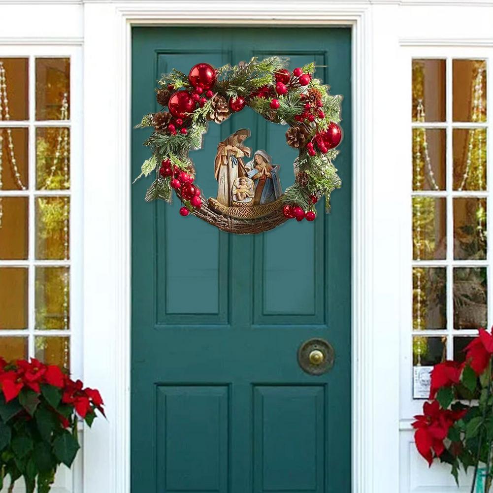 Qfdian Christmas decor ideas Christmas Sacred Christmas Wreath 14in Christmas Nativity Wreaths For Front Door Ideal For Doors Front Porches Wall Decorations