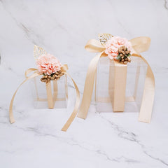 Qfdian Party decoration 50Pcs/lot Candy Boxes PVC Transparent Wedding Favors and Gifts Box Square Flower Ribbon Romantic Packaging Box Party Gift Bag