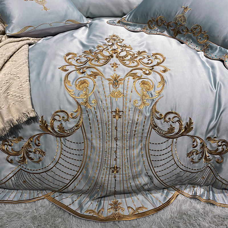 Qfdian Cozy apartment aesthetic hot sale new White Soft Satin Silk Cotton Gold Embroidery European Palace Bedding Set Double Duvet Cover Bed Linen Lace Bed Skirt Pillowcases