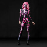 Qfdian halloween decorations halloween costumes halloween giftJumpsuit Sexy Skull Scary Costume Adult Kid Mother Daughter Skeleton Cosplay Pink Print Bodysuit