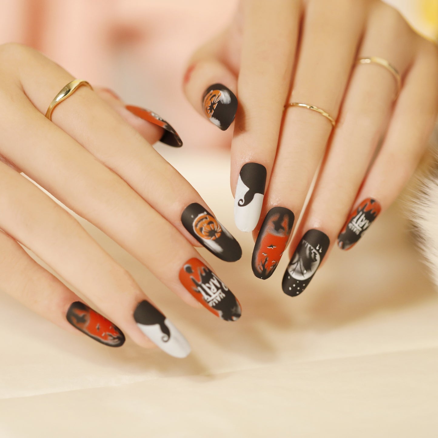 Qfdian  Press On Nails Black Ghost Design Fake Nail Pumpkin Castle Pattern Glossy 24pcs/set Fashion False Nail Tips