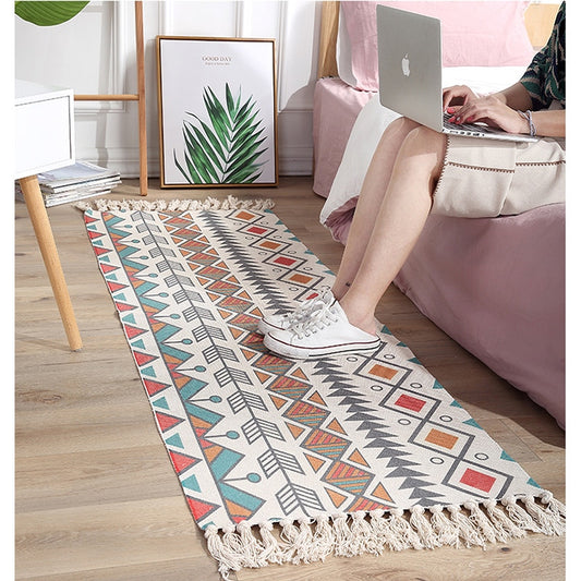 Qfdian easter decorations clearance Luxury Bohemia Ethnic Style Cotton Linen Soft Carpet Handmade Tassel Rug Living Room Bedside Floor Mat Pad Home Boho Decoration