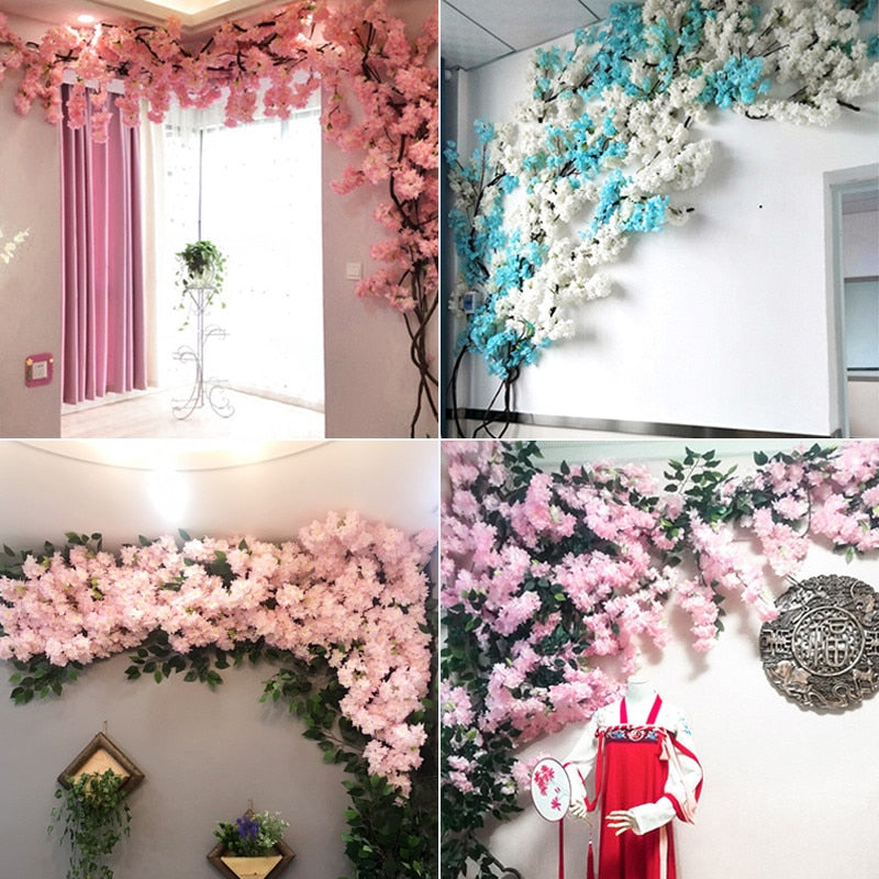 100cm Silk flowers Long-Peach Sakura Artificial flower Pink Wedding Decoration Cherry blossom branch for home Decor wedding Arch