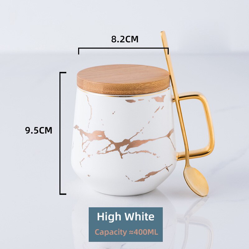 Gold Handle Marble Ceramic Mugs Porcelain Tea Coffee Child Breakfast Milk Cup With Spoon Saucer Lid Couple Friends Birthday Gift