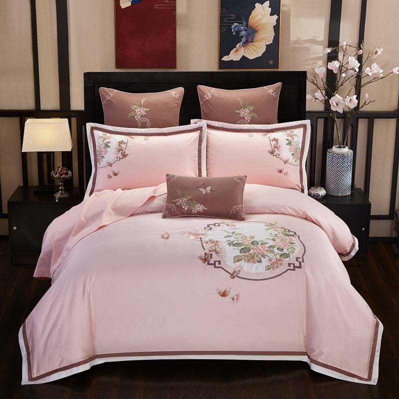 Chinese Style Magnoli Embroidered 4/7pcs Bedding Set 300TC Egyptian Cotton Sheet Pillowcase Duvet Cover Set (Queen King Size)