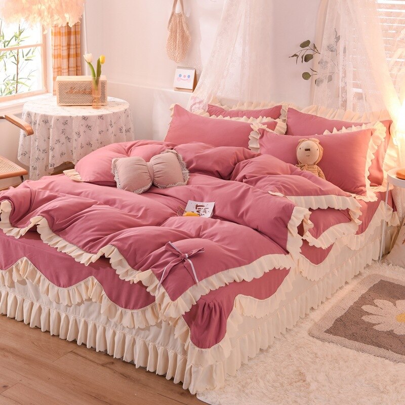 Qfdian Cozy apartment aesthetic hot sale new Lace Bed Skirt 4pcs Bedding Set Luxury Soft Bed Sheet Set Covers Solid Color Princess Style Home Textile Full Queen King Size