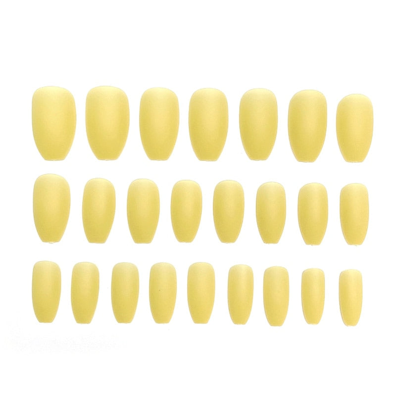 QFDSIAN 24pcs/box Full Cover fake Press on Nails Matte Yellow Pure Acrylic Frosted Ballerina acrylic for nails for Women free shipping