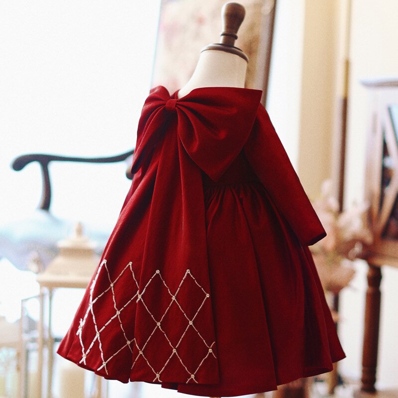 Qfdian christmas decor ideas nightmare before christmas Wine Red Big BowToddler Girl Christening Dress Long Sleeved Baptism Ball Gown Baby Girls Kid Birthday Dress for Wedding Party