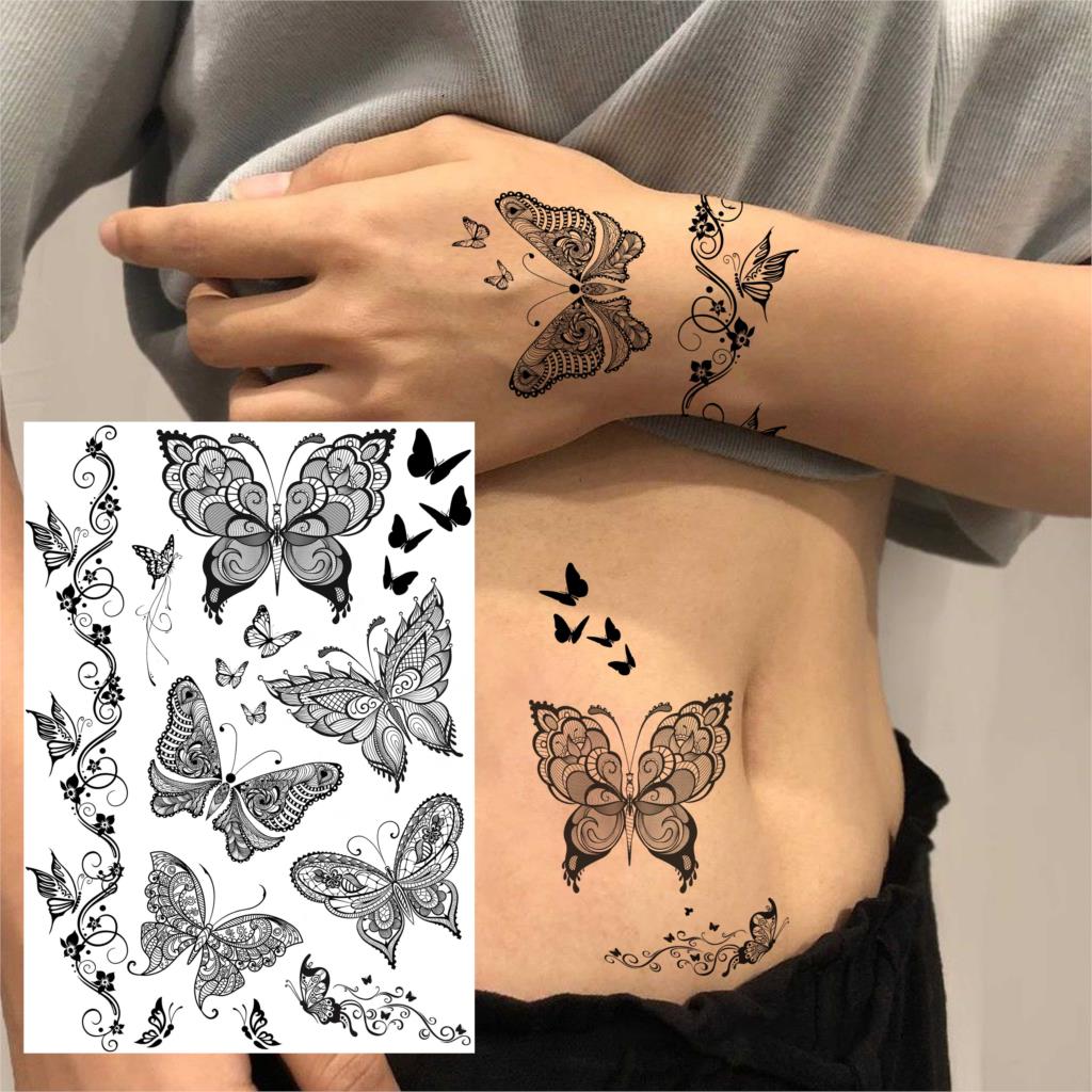 Black Henna Lace Temporary Tattoos Sticker For WOmen Butterfly Moth Mehndi Flower Fake Tatoo Sticker Feather Flora Tatoo