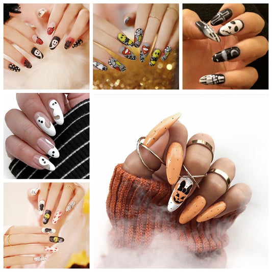 Qfdian  Press On Nails Black Ghost Design Fake Nail Pumpkin Castle Pattern Glossy 24pcs/set Fashion False Nail Tips