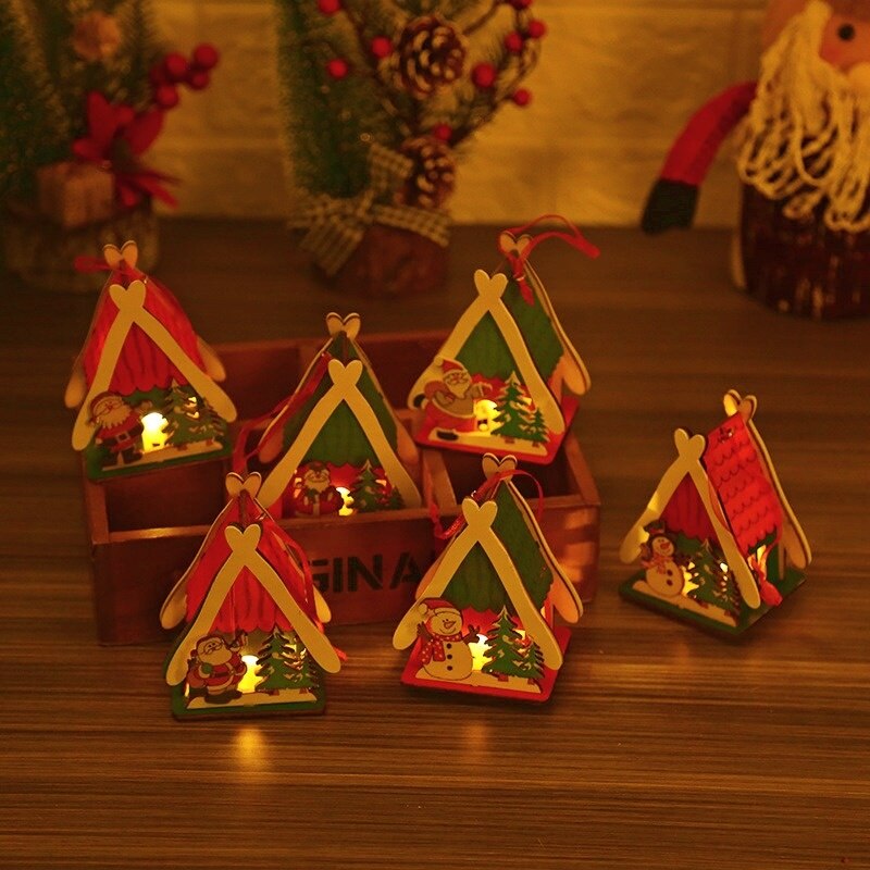 Qfdian Christmas Decorations, Wooden Luminous Colored Small House 14cm, Home Living Room Wall Hanging, Christmas Tree Dress Up Supplies