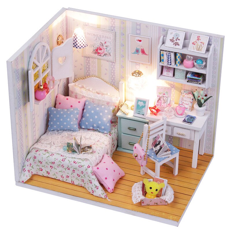 Qfdian Mini Dollhouse kit with Dust Cover Diy Wooden Doll House Miniatures Kit Dollhouse Furniture Accessories Toys for Childre