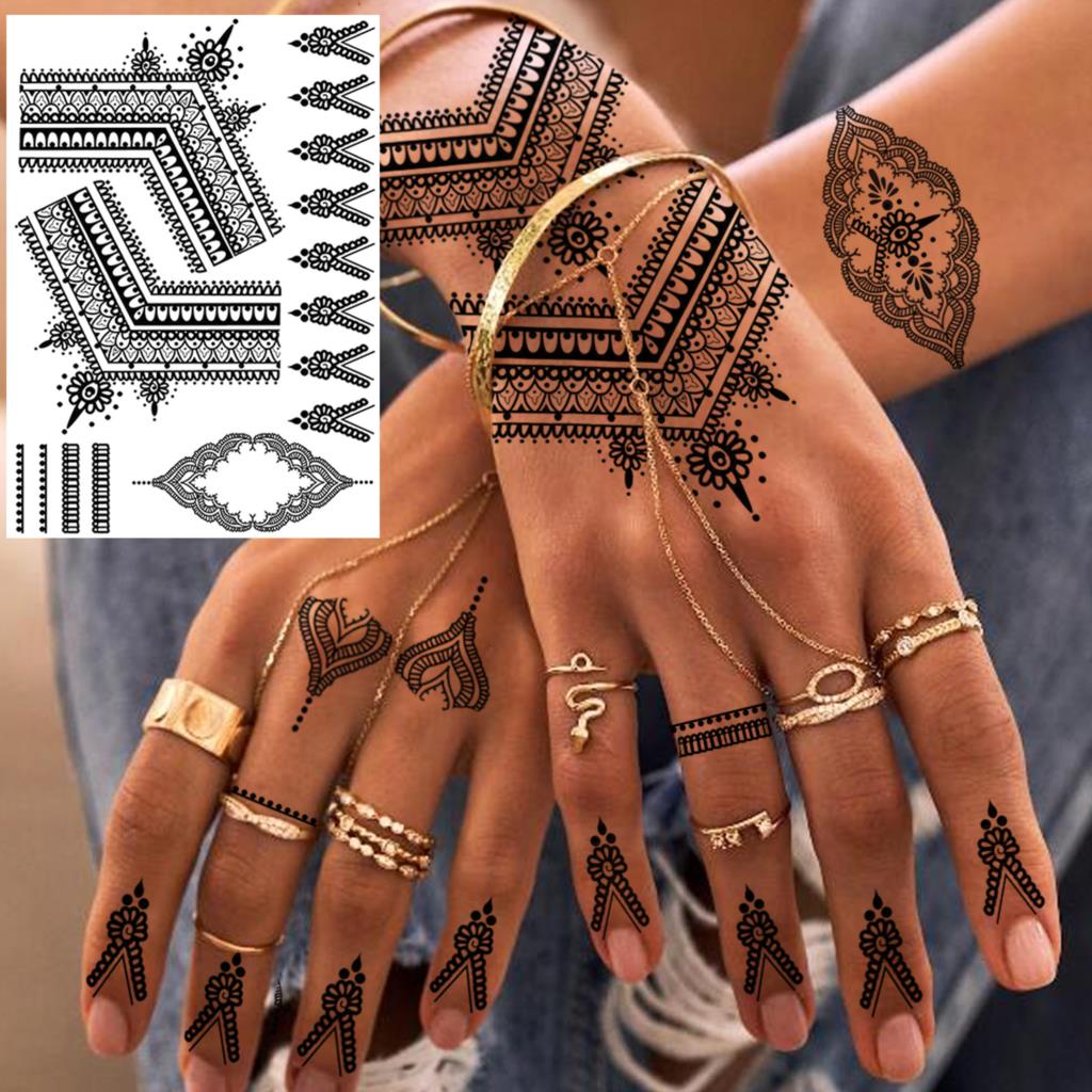 Black Henna Lace Temporary Tattoos Sticker For WOmen Butterfly Moth Mehndi Flower Fake Tatoo Sticker Feather Flora Tatoo