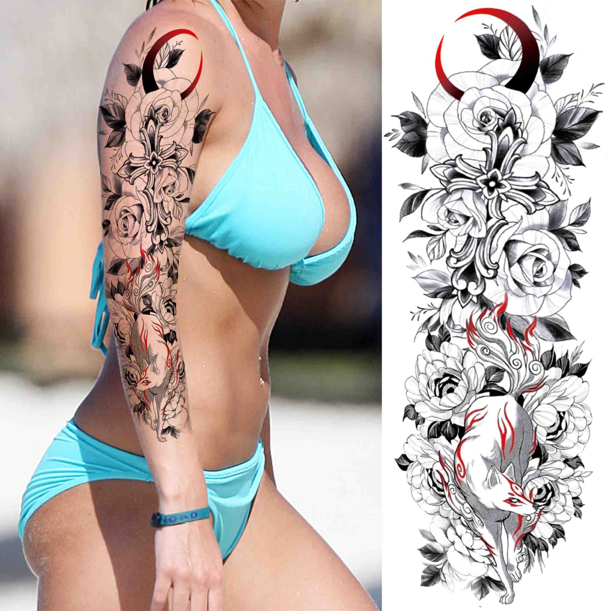 Qfdian gifts for men  Full Arm Evil Eye Temporary Tattoo Sticker For Men Women Realistic Skull Rose Flower Tatoos Body Art 3D Waterproof Fake Tattoos