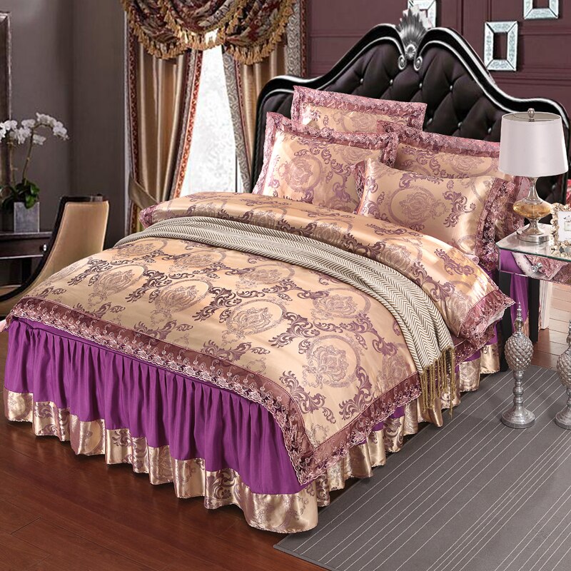 Qfdian Cozy apartment aesthetic hot sale new Brown Lace Bed Skirt Design Bedding Sets King Queen Size Wedding Bed Set Jacquard Duvet Cover Bedlinen Bedspread Home Textile