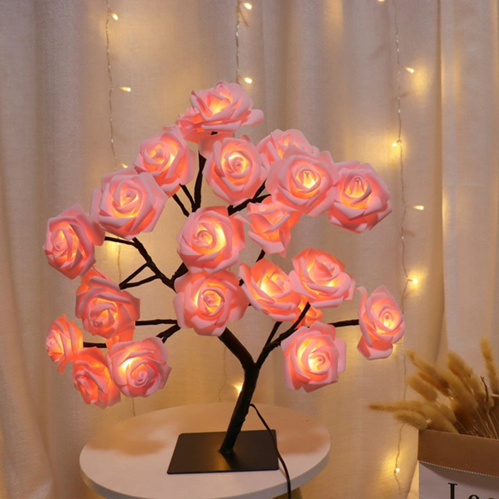 Qfdian home decor hot sale new Rose Flower Tree Lamp Decorative Table Bedside Night Light Christmas Decorations 2022 Led Wedding Fairy Outdoor String For Home