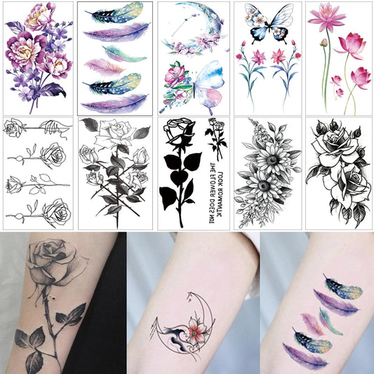 Qfdian gifts for women hot sale new Waterproof Flower Temporary Tattoo Sticker Butterfly Rose Pattern Water Transfer Under Breast Shoulder Flower Body Fake Tattoo