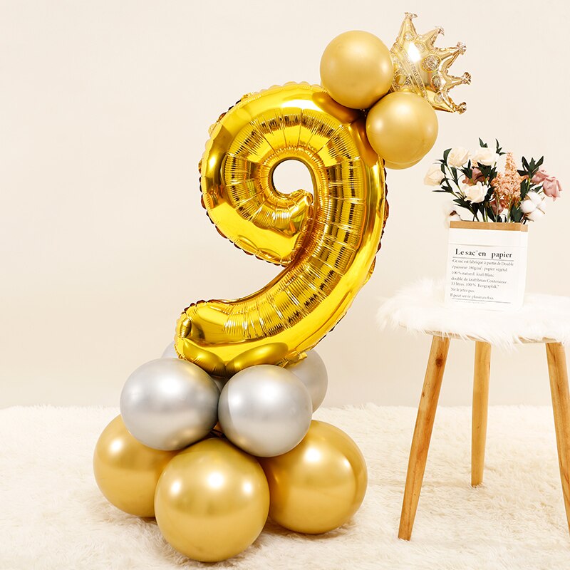 Qfdian Party decoration 17pcs Gold Number Crown Foil Balloon Silver Metallic Latex Balloons Kids Birthday Party Decorations Baby Shower Anniversaire