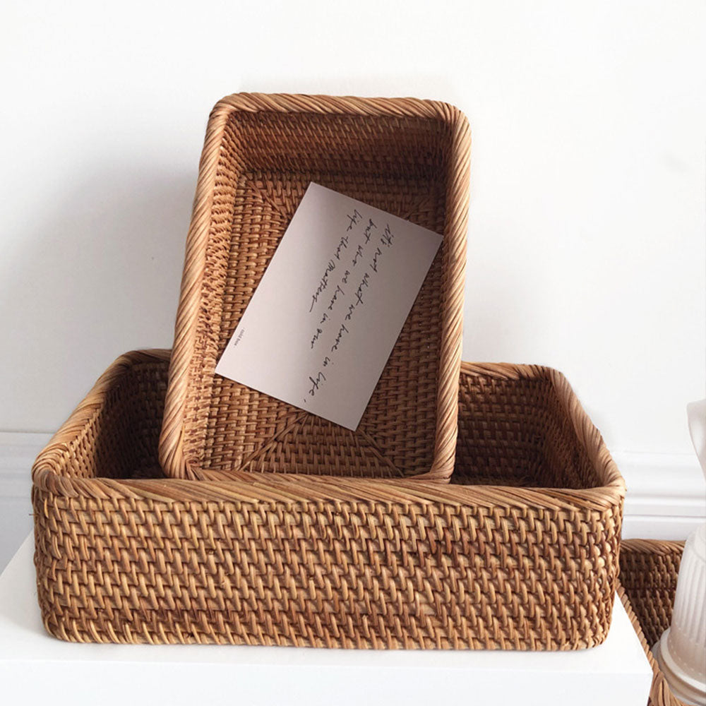 Qfdian home decor hot sale new Hand-woven Rattan Wicker Basket Fruit Tea Snack Bread Basket Cosmetic Rectangular Storage Box Household Kitchen Supplies