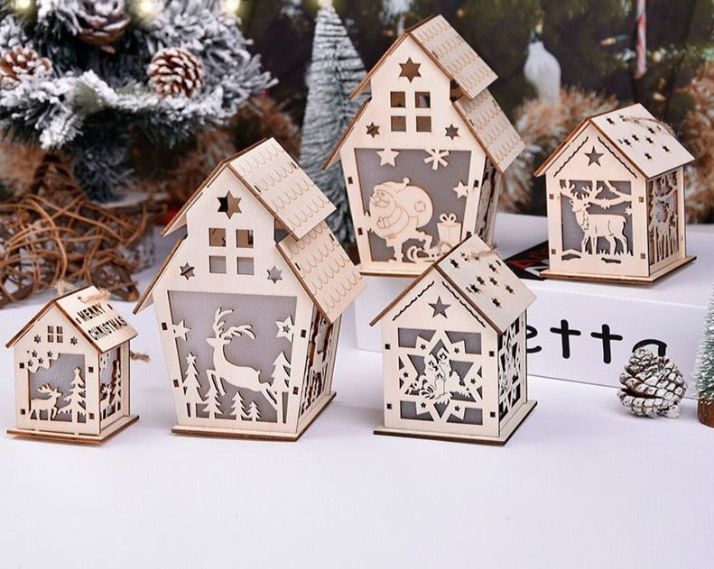 Qfdian halloween decorations halloween costumes halloween gift LED Light Wooden House DIY Merry Christmas Decorations Luminous Cabin Christmas Tree Hanging Xmas Ornaments Kids Gift New Year