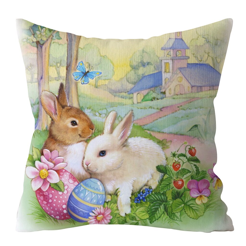 Qfdian easter decorations clearance Happy Easter Cushion Cover Bunny Eggs Decorative Pillow Cover Easter Rabbit Print Pillow Case Sofa Car Cushion Cover Home Decor