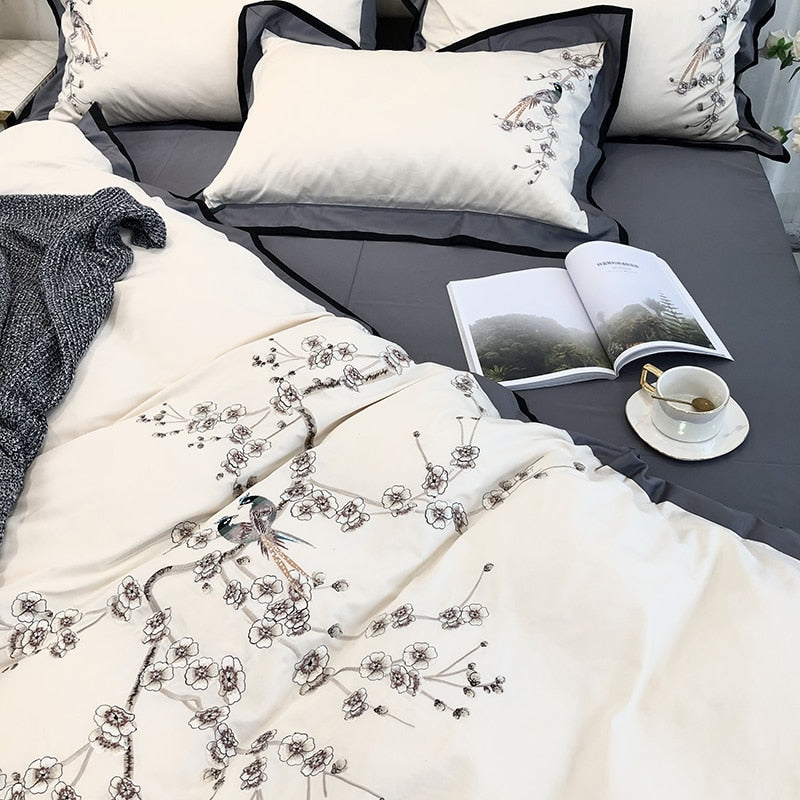 White Flower Bird Embroidered Bedding Set 600TC Egyptian Cotton Soft Queen King Size Bed Sheet Pillowcase Duvet Cover Set 4Pcs