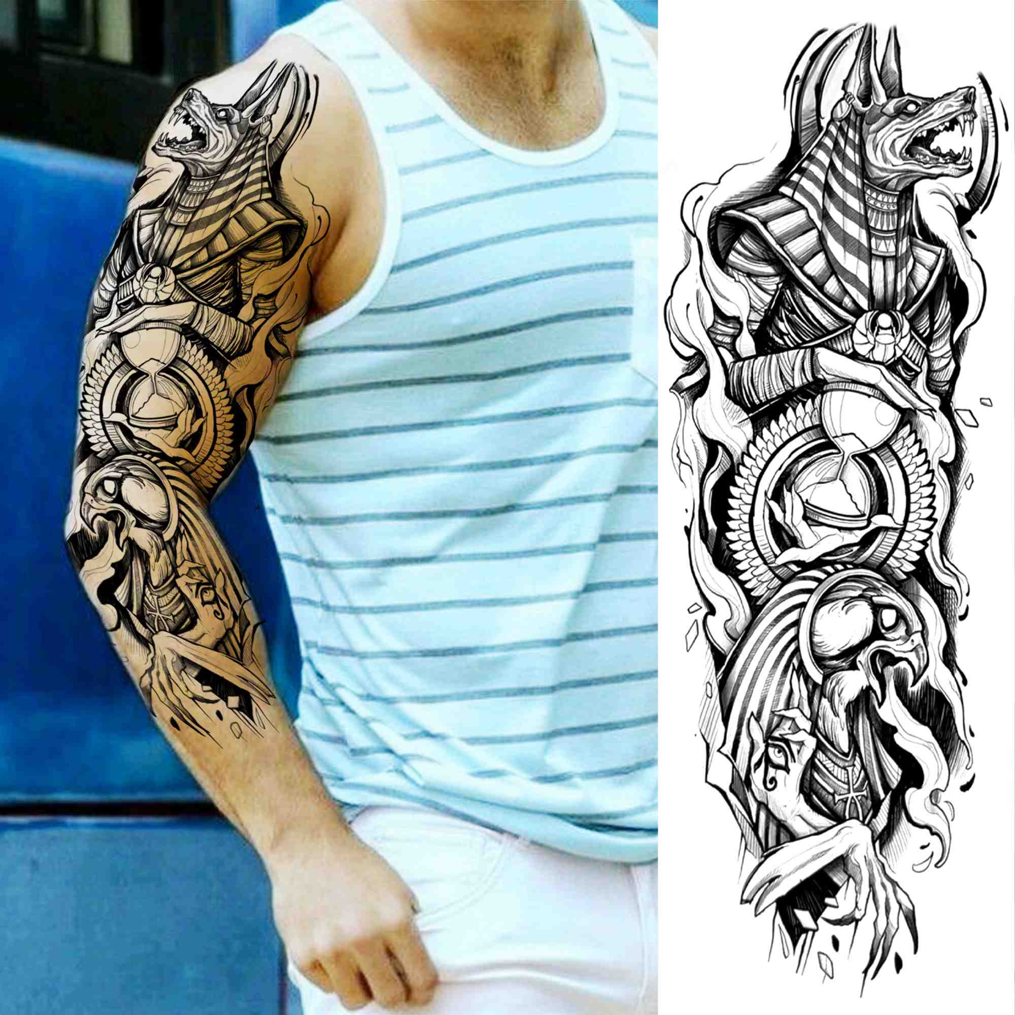 Qfdian gifts for men  Full Arm Evil Eye Temporary Tattoo Sticker For Men Women Realistic Skull Rose Flower Tatoos Body Art 3D Waterproof Fake Tattoos