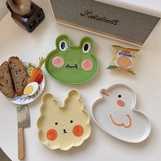 Qfdian Party decoration Party gifts hot sale new Ins Cartoon Dinner Plate Tableware New Frog Rabbit Duck Craft Kawaii Ceramic Cake Dessert Household Kitchen Dinnerware 17Cm