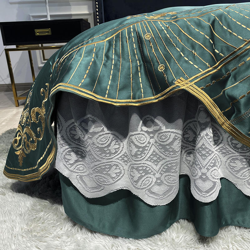 Qfdian Cozy apartment aesthetic hot sale new White Soft Satin Silk Cotton Gold Embroidery European Palace Bedding Set Double Duvet Cover Bed Linen Lace Bed Skirt Pillowcases