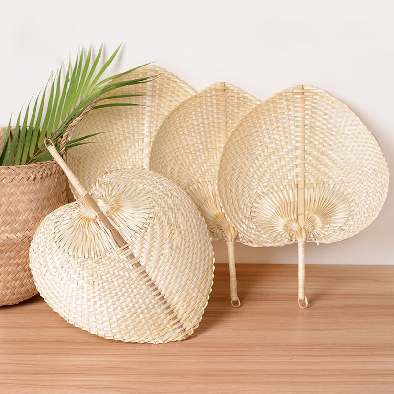 Qfdian Party decoration Summer Cooling Fan Handmade Straw Fan Bamboo Palm Leaf Hand-woven Hand Fan Woven Cooling Fan Bamboo Woven Fan Home Decoratio