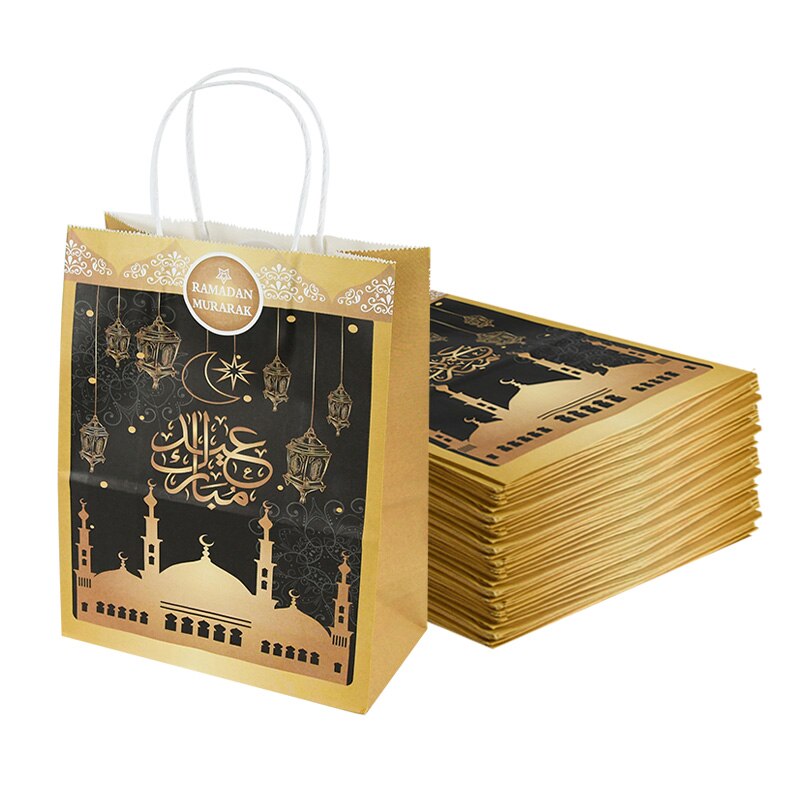 Qfdian Party decoration 5Pcs Islamic Muslim Festival Gift Bags Portable Paper Candies Snack Packaging Bag for Eid Mubarak 27x21cm Ramadan Kareem Supply