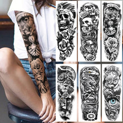 Qfdian gifts for men  Full Arm Evil Eye Temporary Tattoo Sticker For Men Women Realistic Skull Rose Flower Tatoos Body Art 3D Waterproof Fake Tattoos