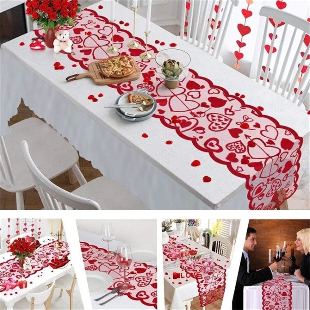 Qfdian Cupid Love Red Heart Lace Table Runner for Home Indoor Valentine's Day Table Decorations Valentine's Day Party Supplies