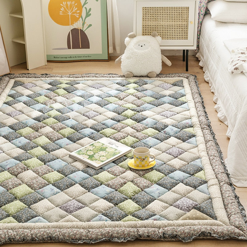 Qfdian Cotton Carpet for Living Room Hand Patchwork Quilted Thicken Bedroom Rugs Anti Slip Large Kids Room Rug Tatami Mat Machine Wash